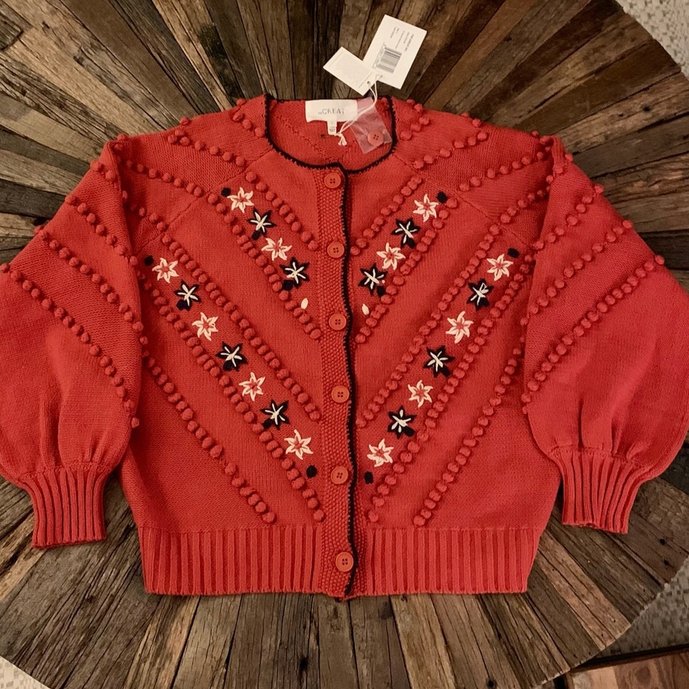 THE GREAT. Embroidered Meadow Bobble Cardigan Sweater Redwood